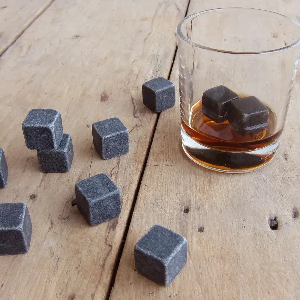 Chilling whiskey stones in a glass, perfect for keeping drinks cool without dilution.