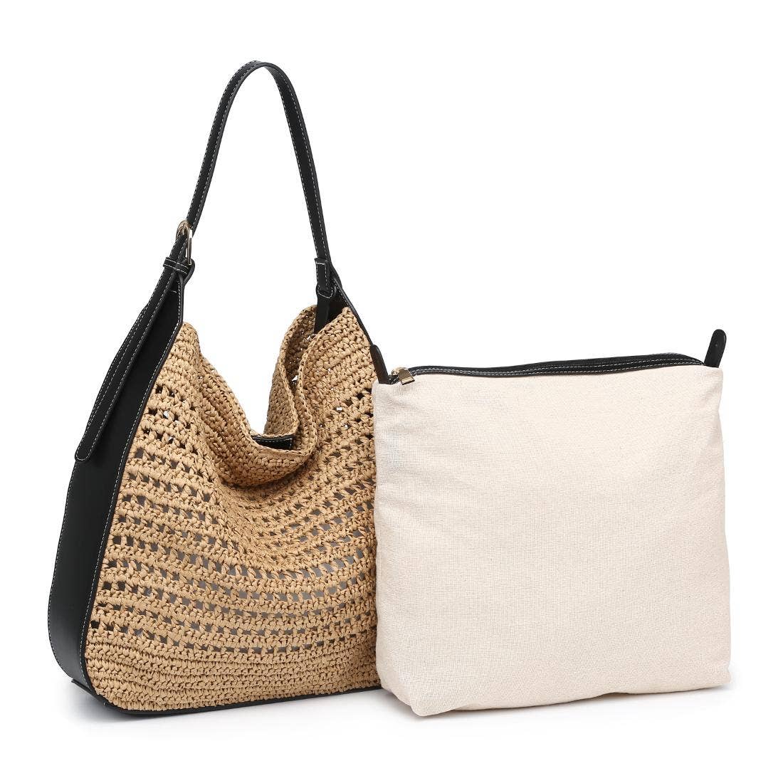 Straw woven Hobo tote bag - black trim
