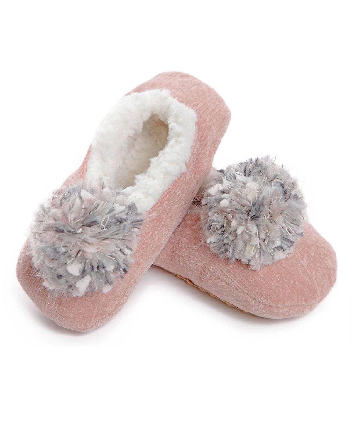 Chenille Pompom Slippers - Pink/grey