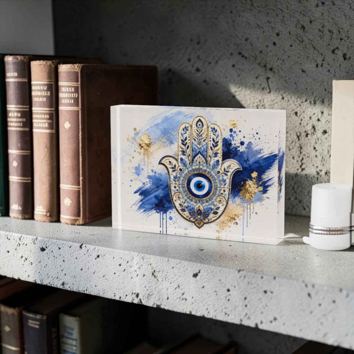 Hamsa Evil Eye Crystal Block