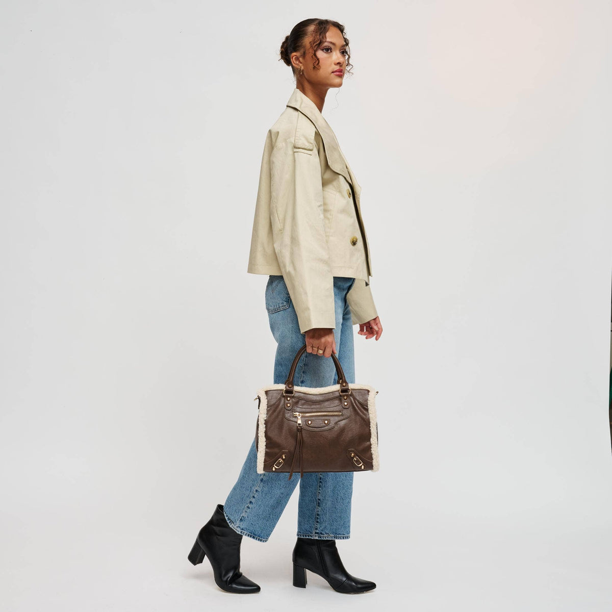 Shearling-trim vegan leather Satchel - chocolate