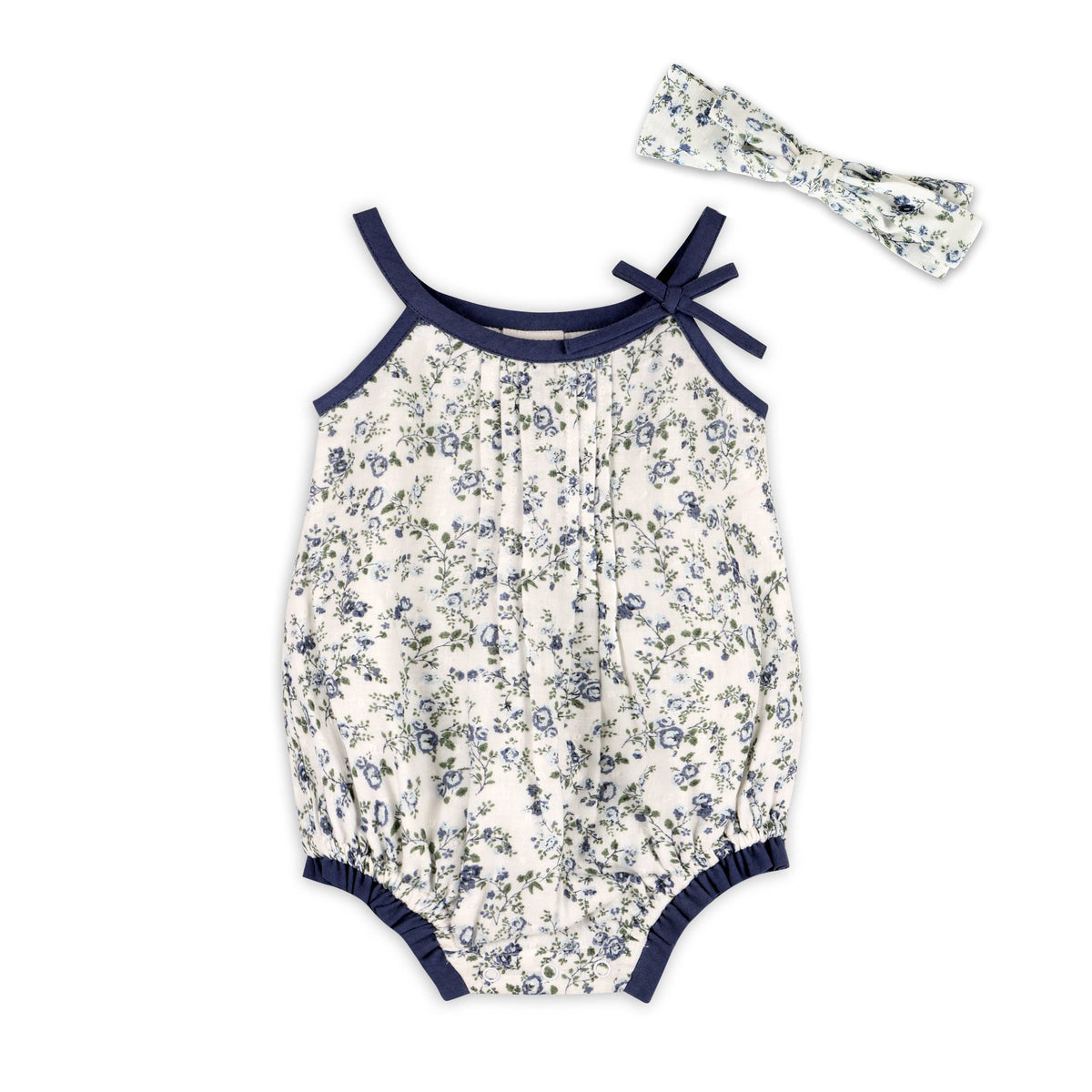 Navy Floral Muslin Baby Romper + Headband (organic)