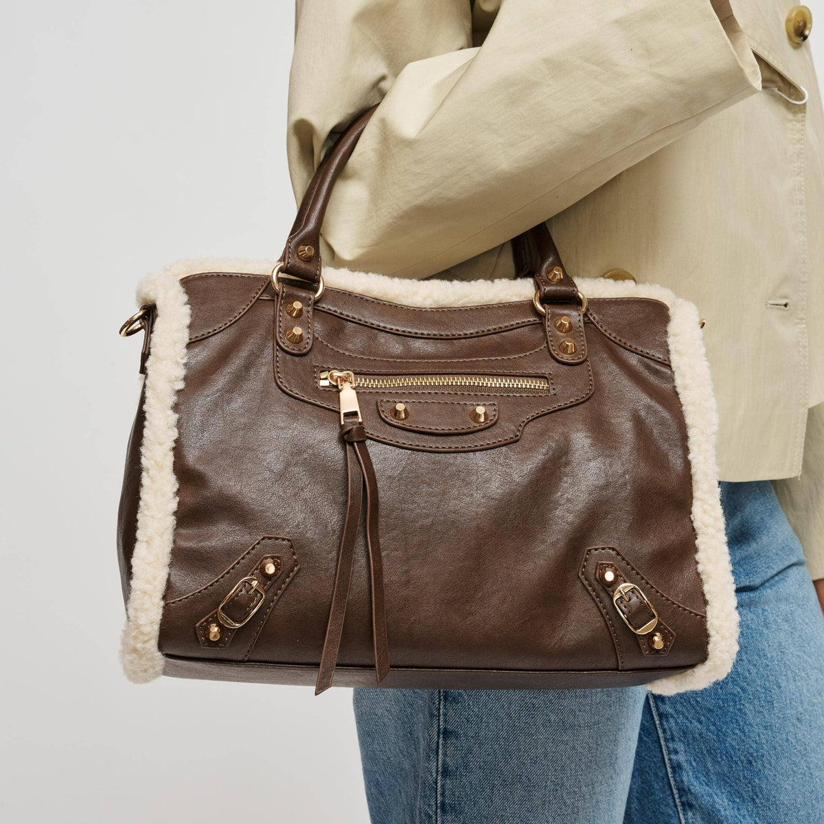 Shearling-trim vegan leather Satchel - chocolate