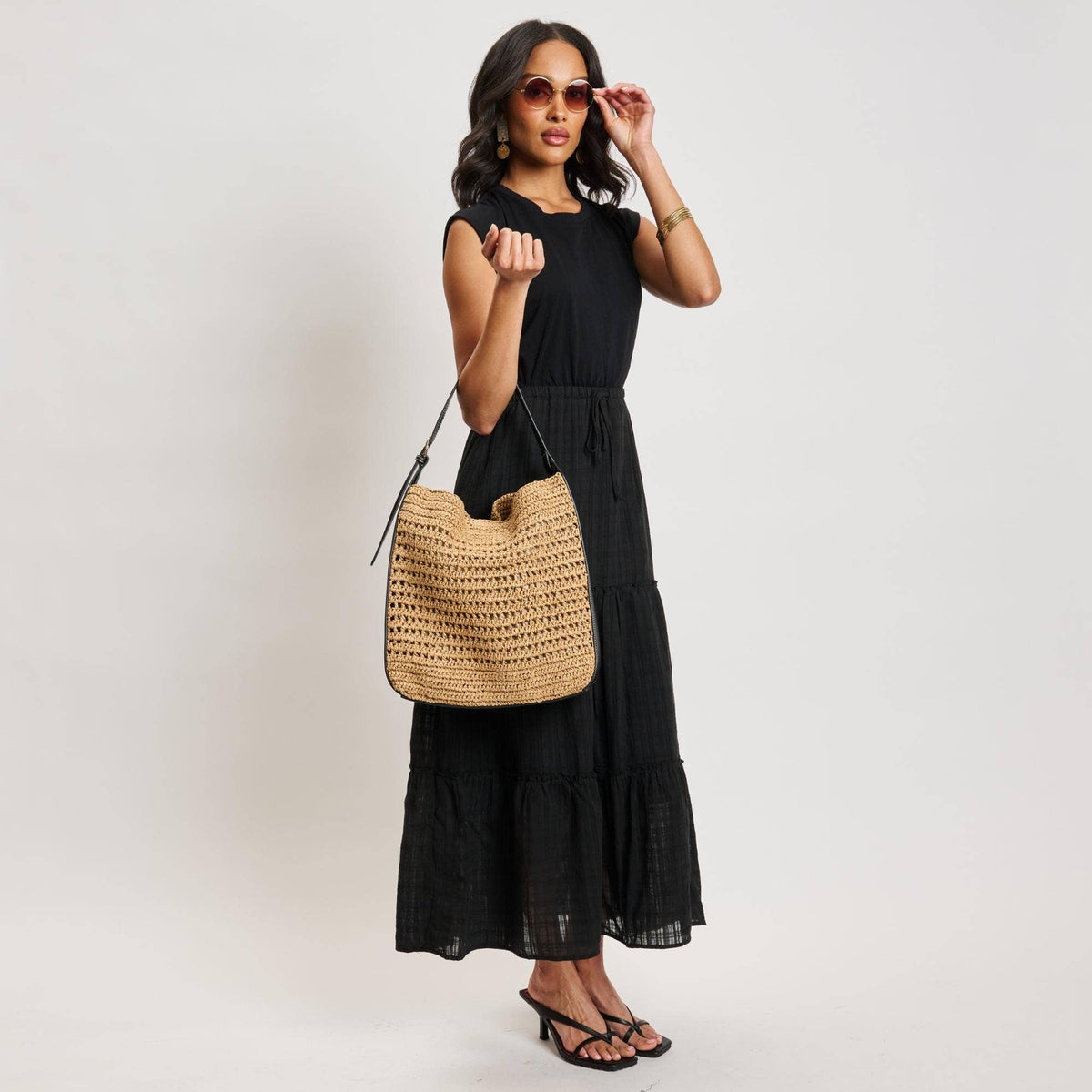 Straw woven Hobo tote bag - black trim