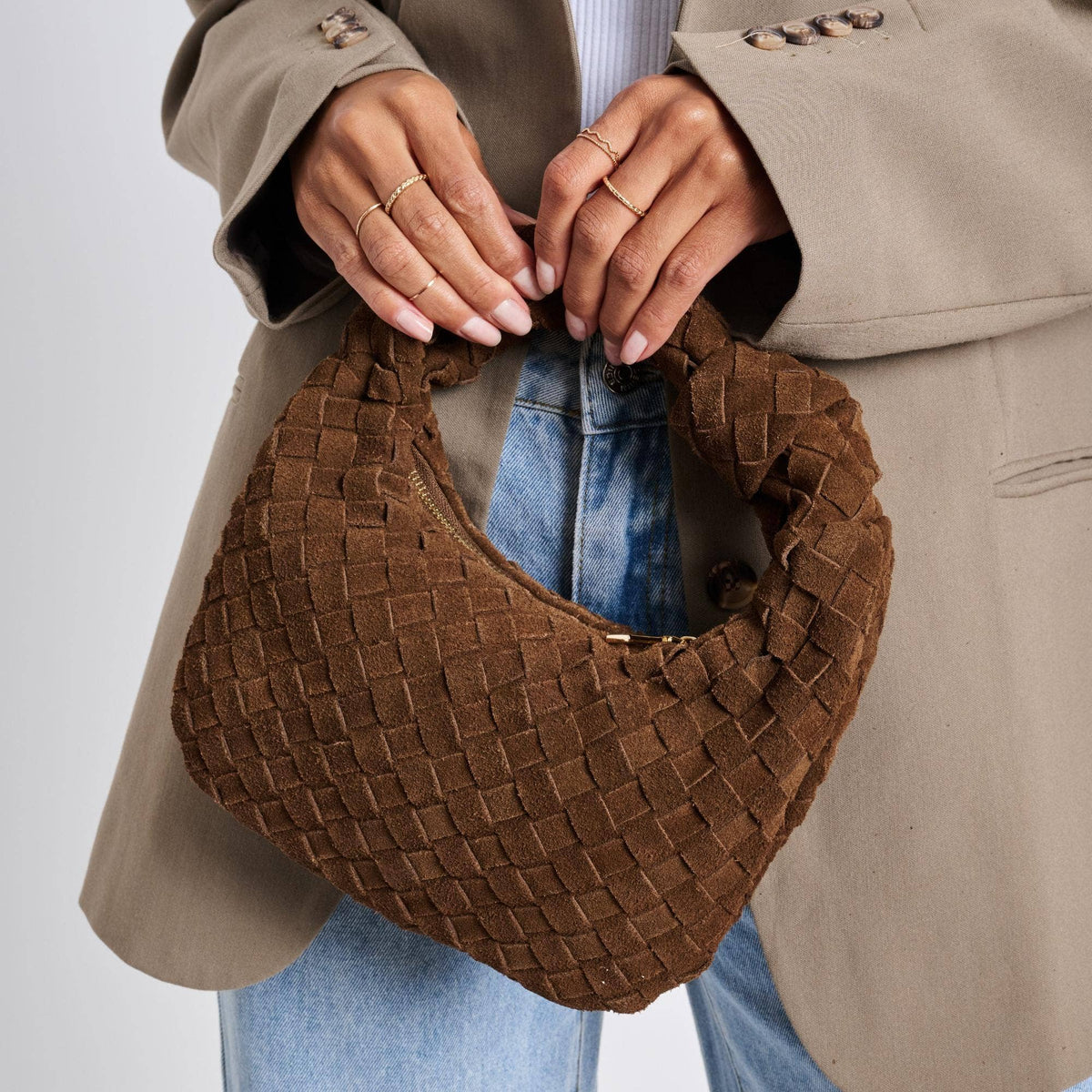 Pochette en cuir suédé tressé véritable - chocolat