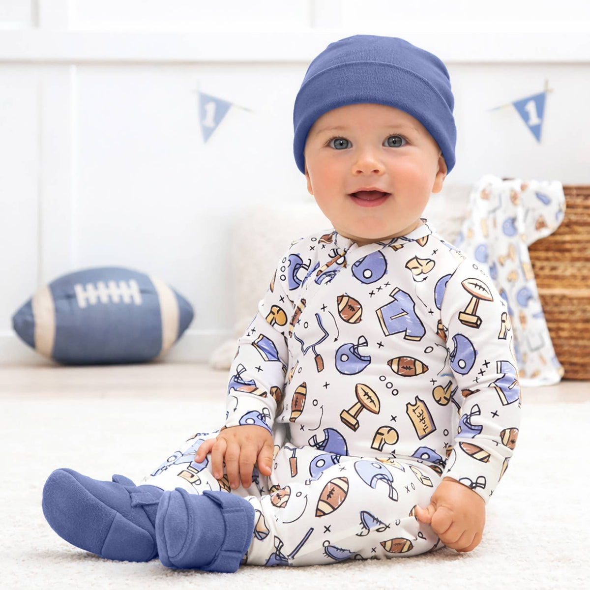 Grenouillère Bébé Zippée en Bambou (Motif Football)