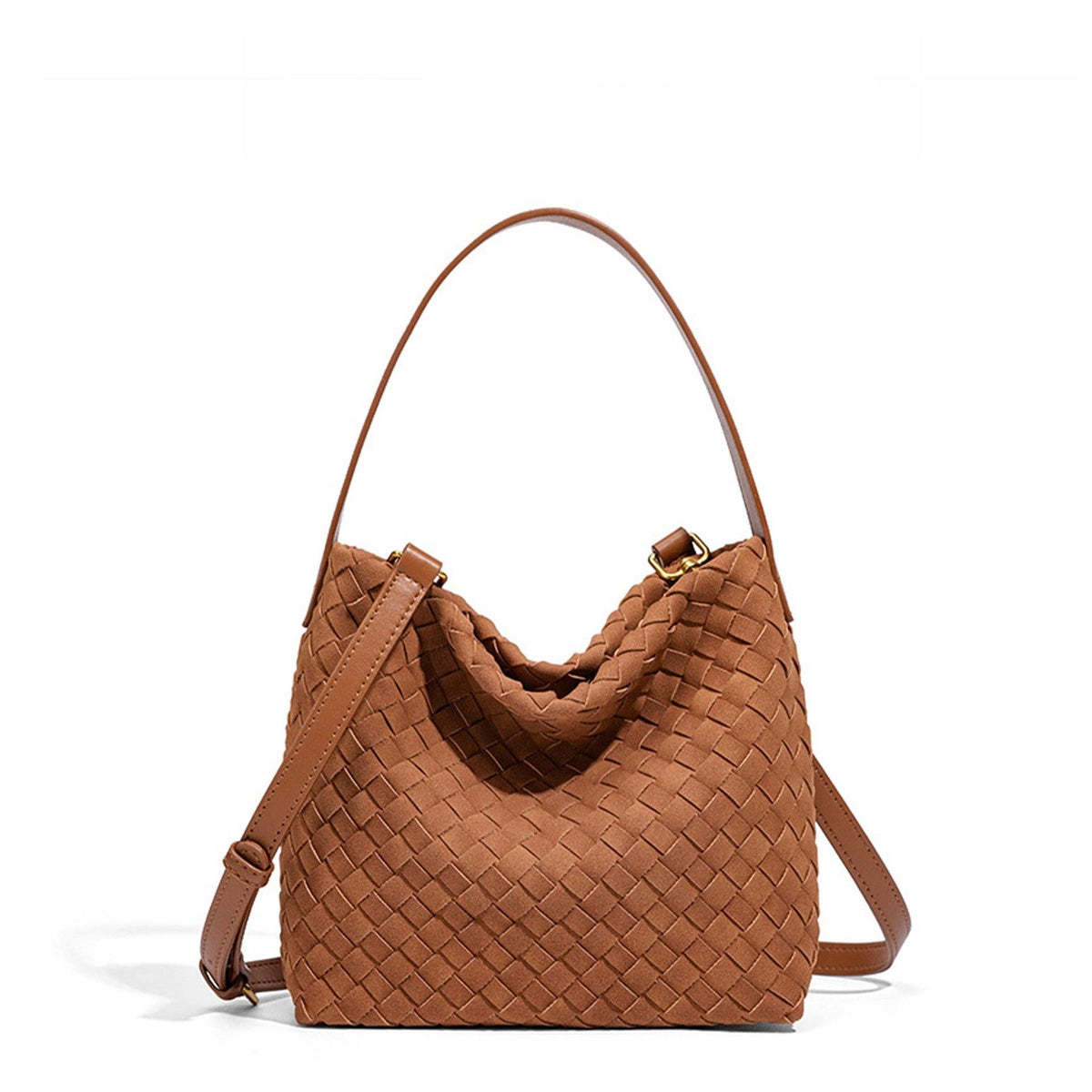 Woven Suede Shoulder Tote Bag - brown