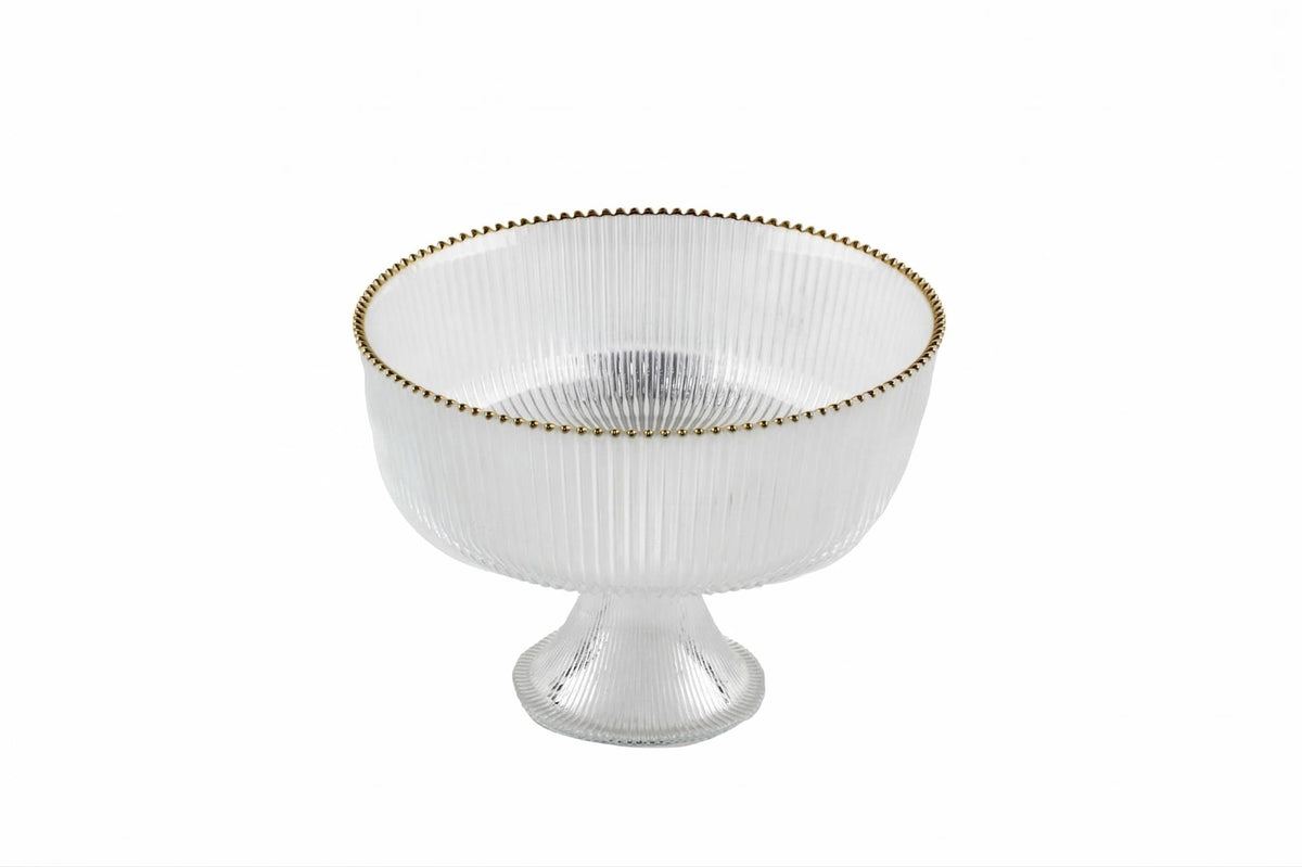 Footed Glass Salad Bowl Straight Cut, Ribbed with Gold Rim
