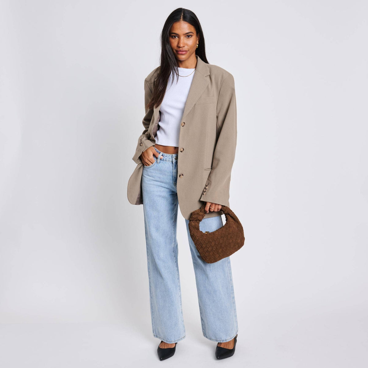 Pochette en cuir suédé tressé véritable - chocolat