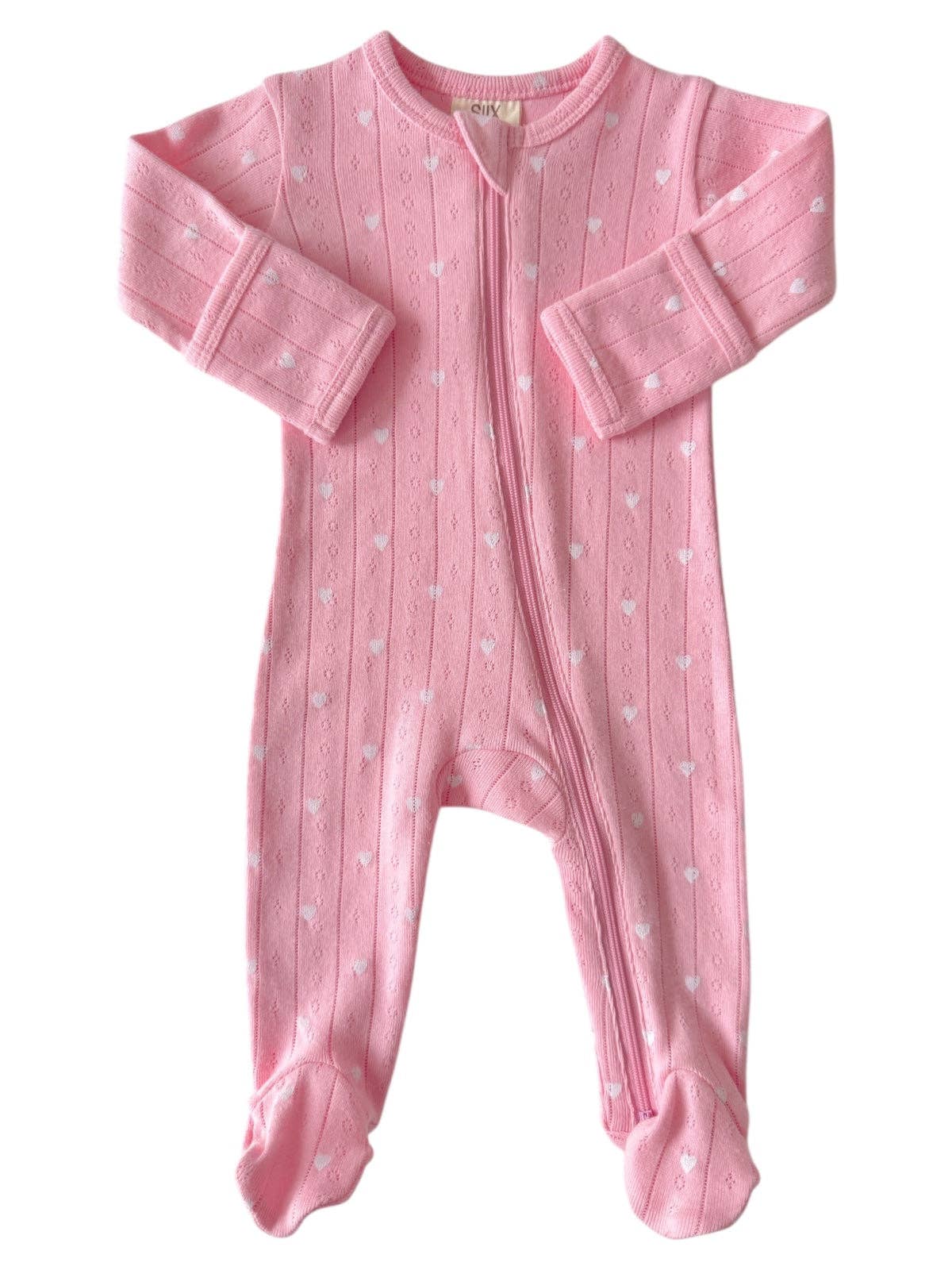 Pink with White Heart / Organic Pointelle 2-Way Zip Footie