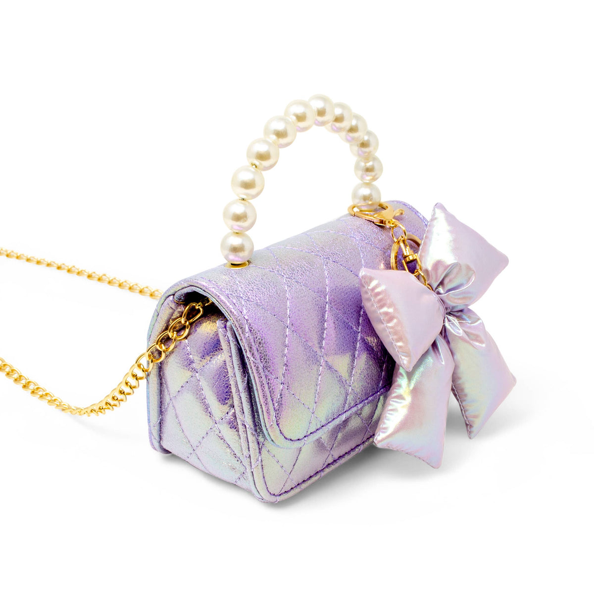 Shiny Quilted Fluffy Bow Handbag: Purple