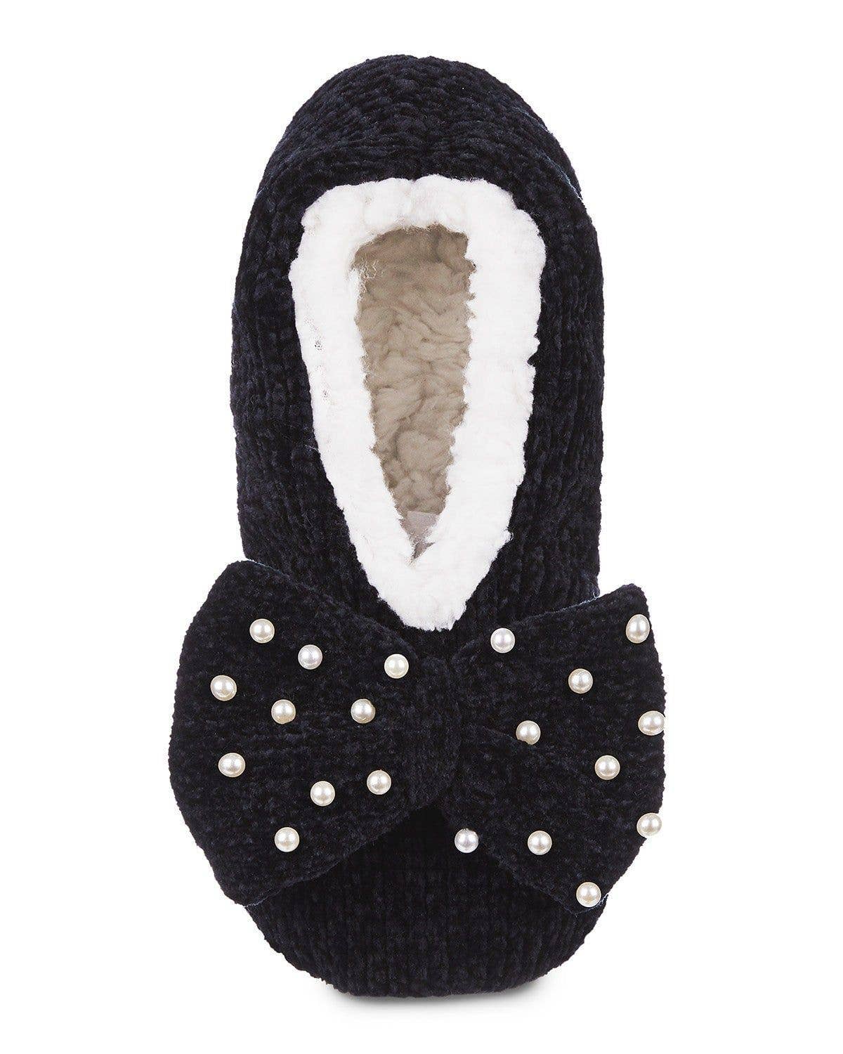 Black Chenille Bow Sherpa Lined Slippers with pearls