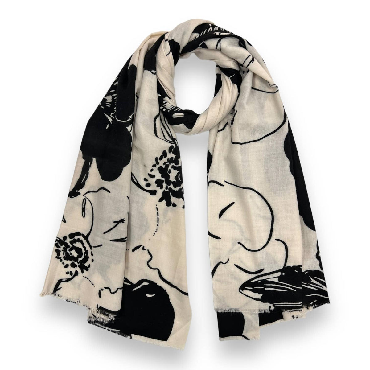 Flower sketch print on medium weight scarf: Black