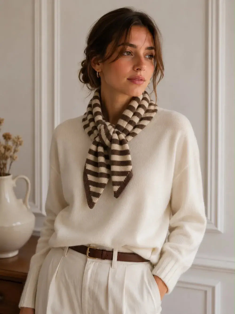 Striped knit triangle scarf: Camel