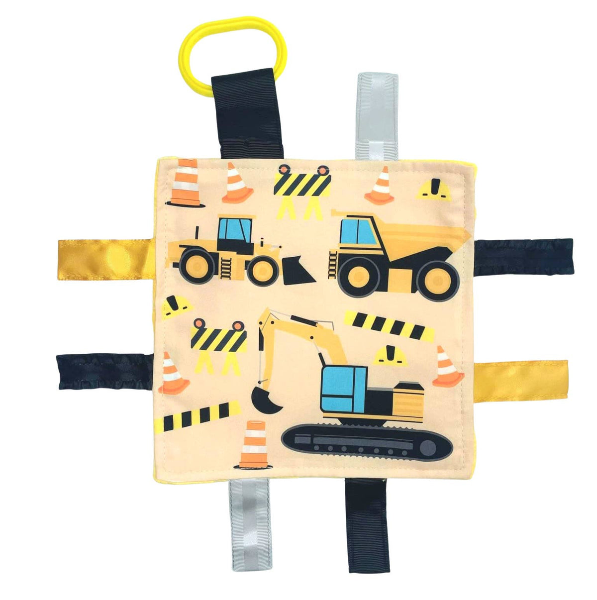 Construction Worker and Trucks Crinkle Tag Toy 8"x 8"