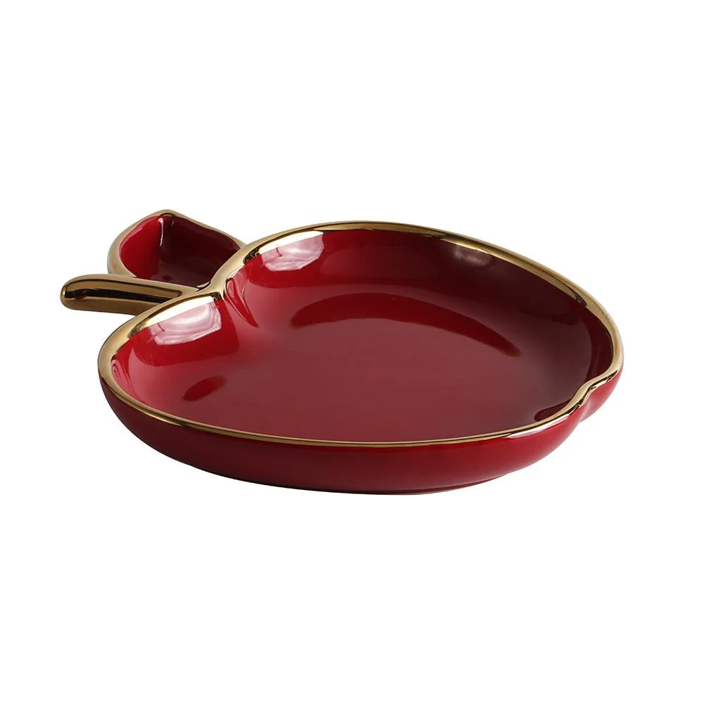 Porcelain Apple Shaped Dish with Gold Trim - red