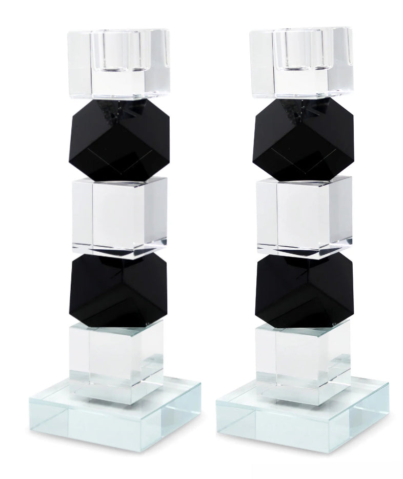 Lot de 2 bougeoirs en cristal noir et transparent, motif bloc diagonal