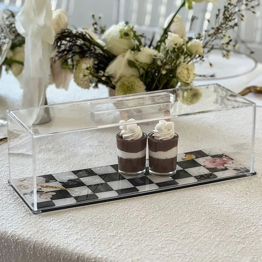 Black Chic Checkered Lucite Cake Tray with Lid - large