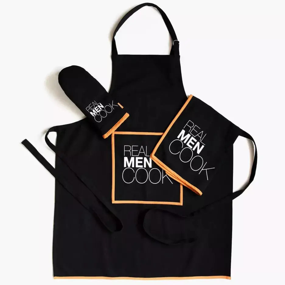 “Real men cook” apron and oven mitts set