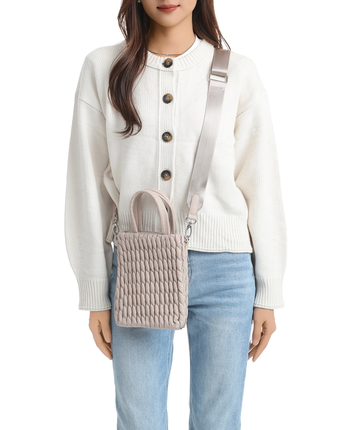 Nylon puckered Phone Bag- cream