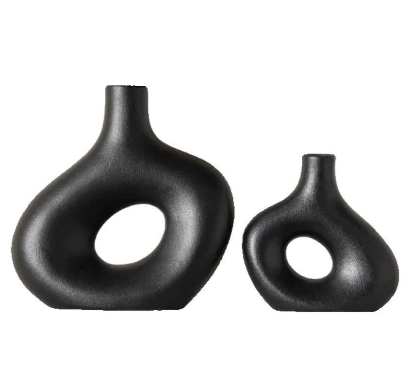 set of 2 black ceramic hollow vases