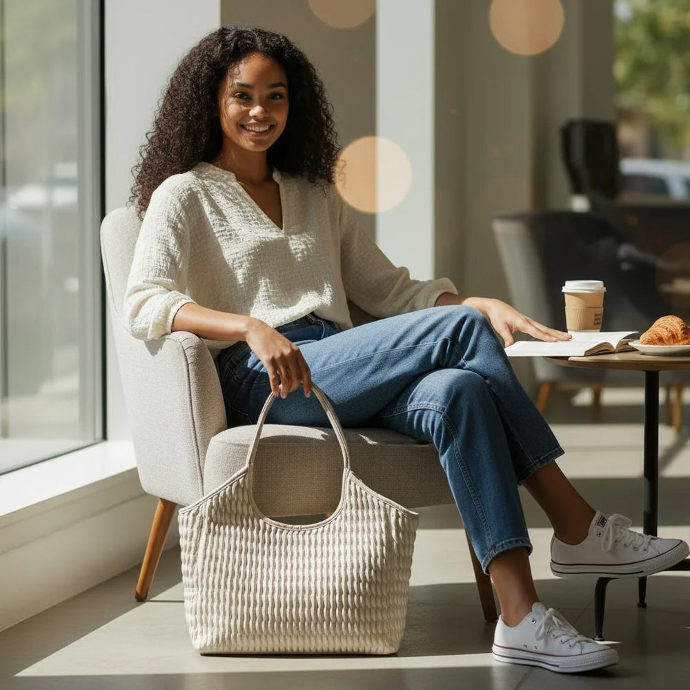 vegan puckered leather tote- bone
