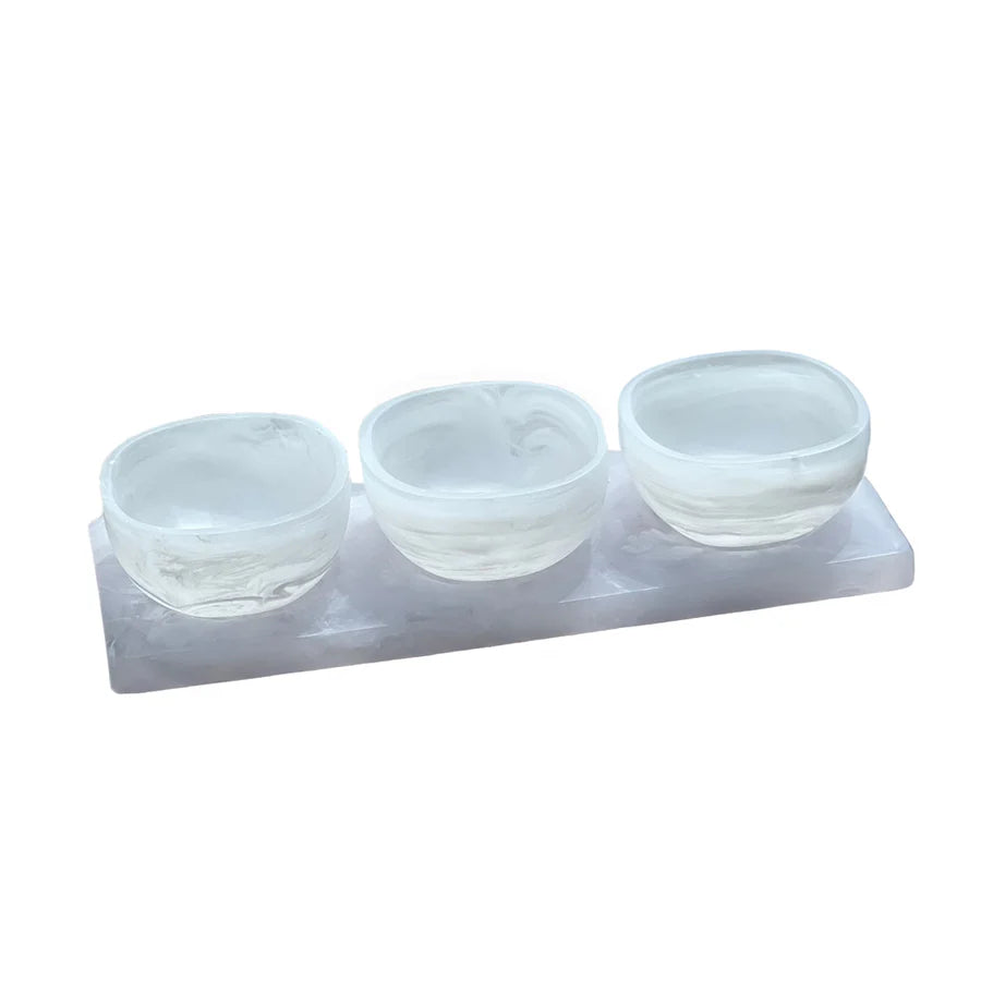 Resin white swirl dip bowls and tray