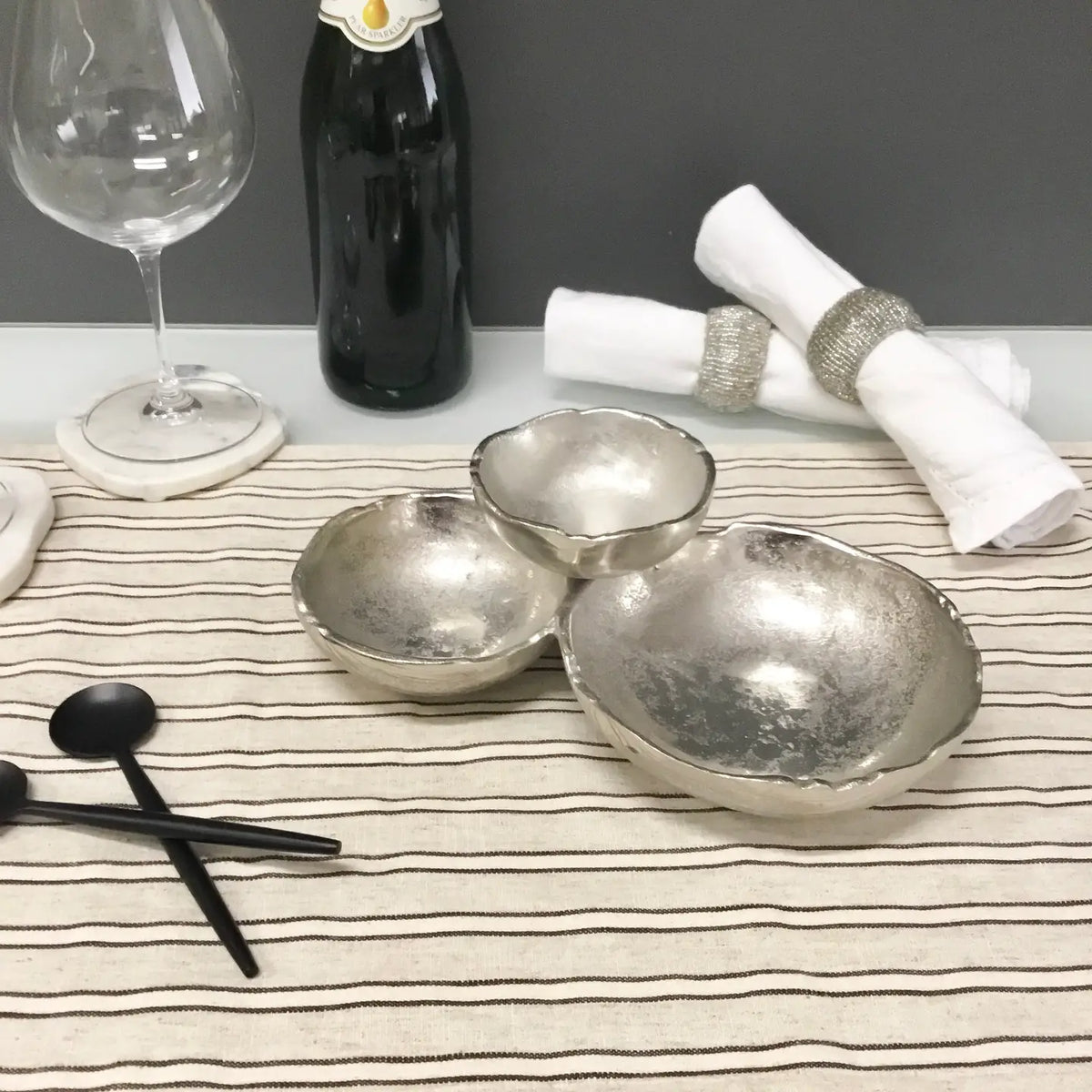 Silver Textured Aluminum 3-Bowl Cluster Dish