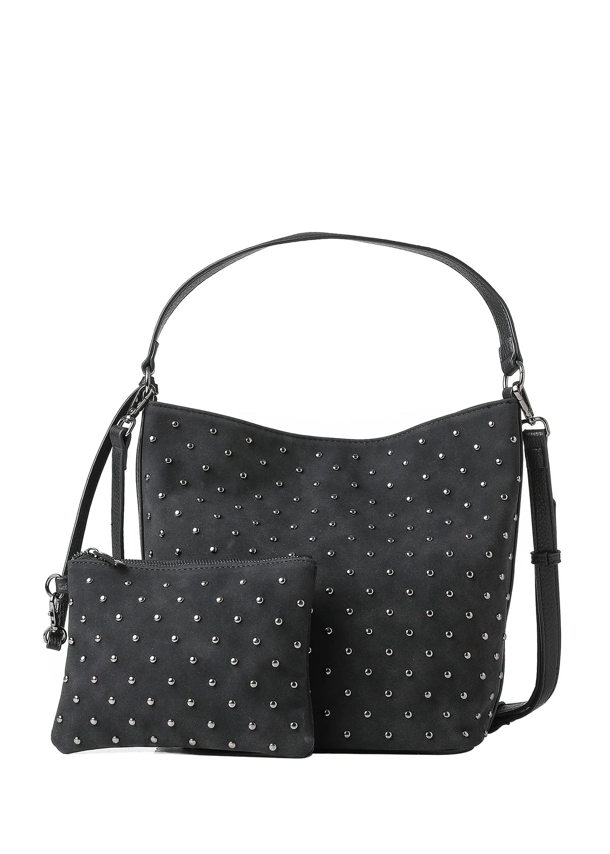 vegan suede studded shoulder bag