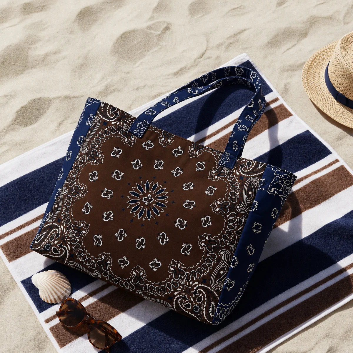 Grand cabas BANDANA - marron/bleu marine