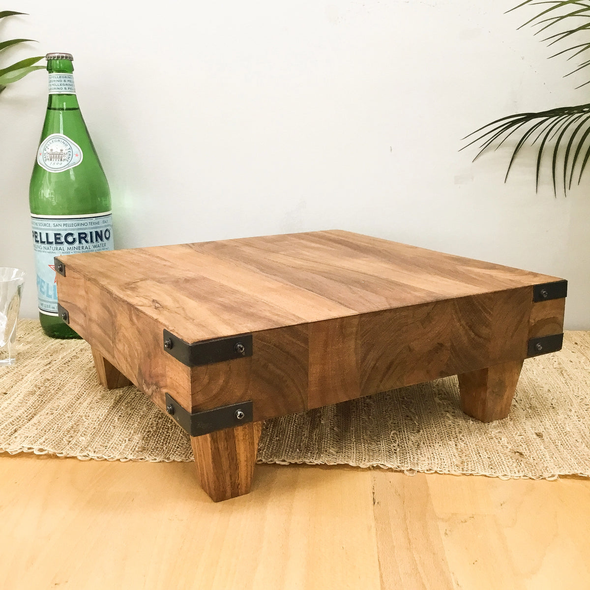 Acacia Wood Pedestal Butcher Block w/ Iron Accents