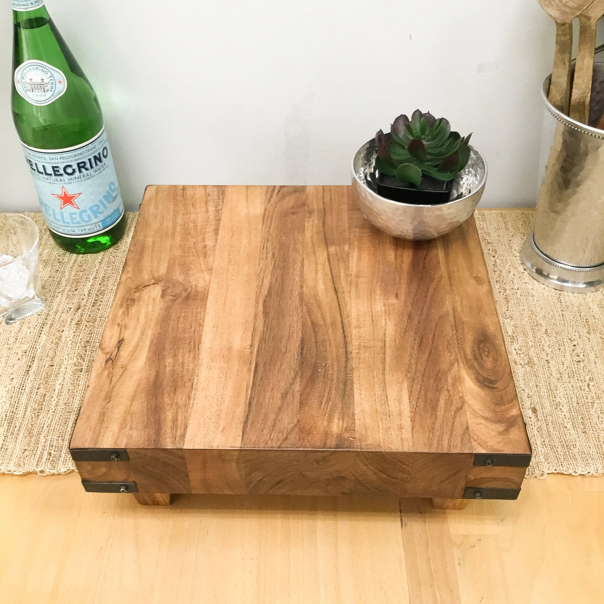 Acacia Wood Pedestal Butcher Block w/ Iron Accents