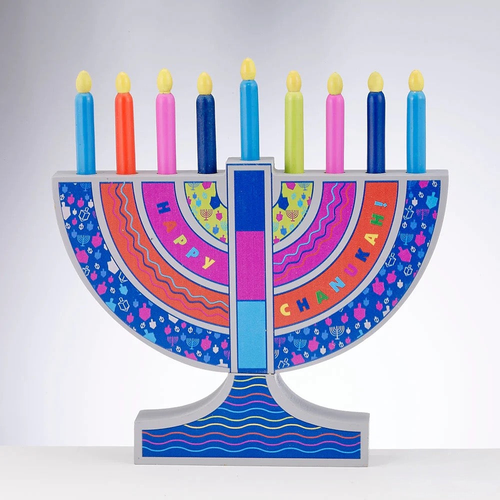 Menorah en bois avec bougies en bois amovibles