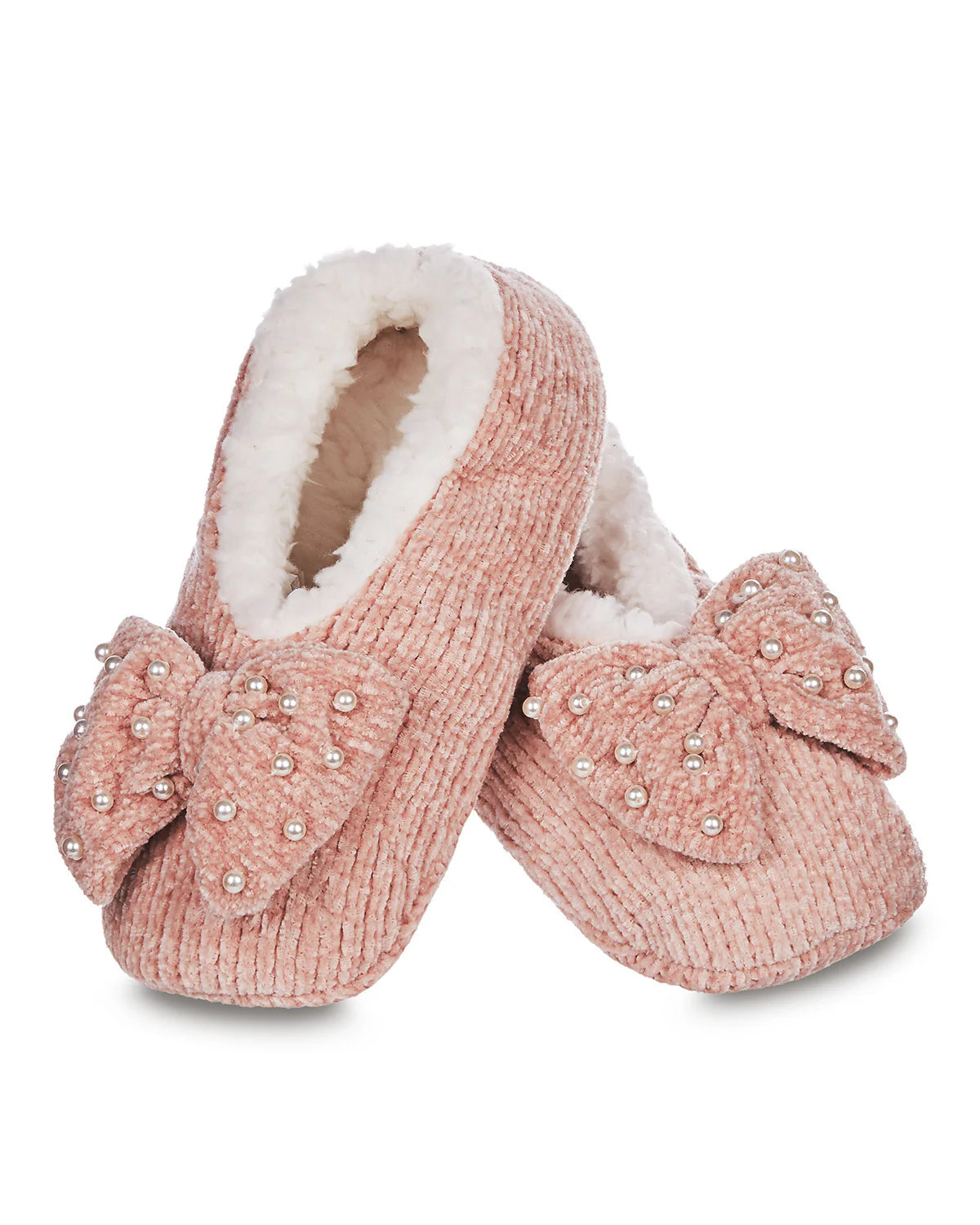 Pink Chenille Bow Sherpa Lined Slippers with pearls