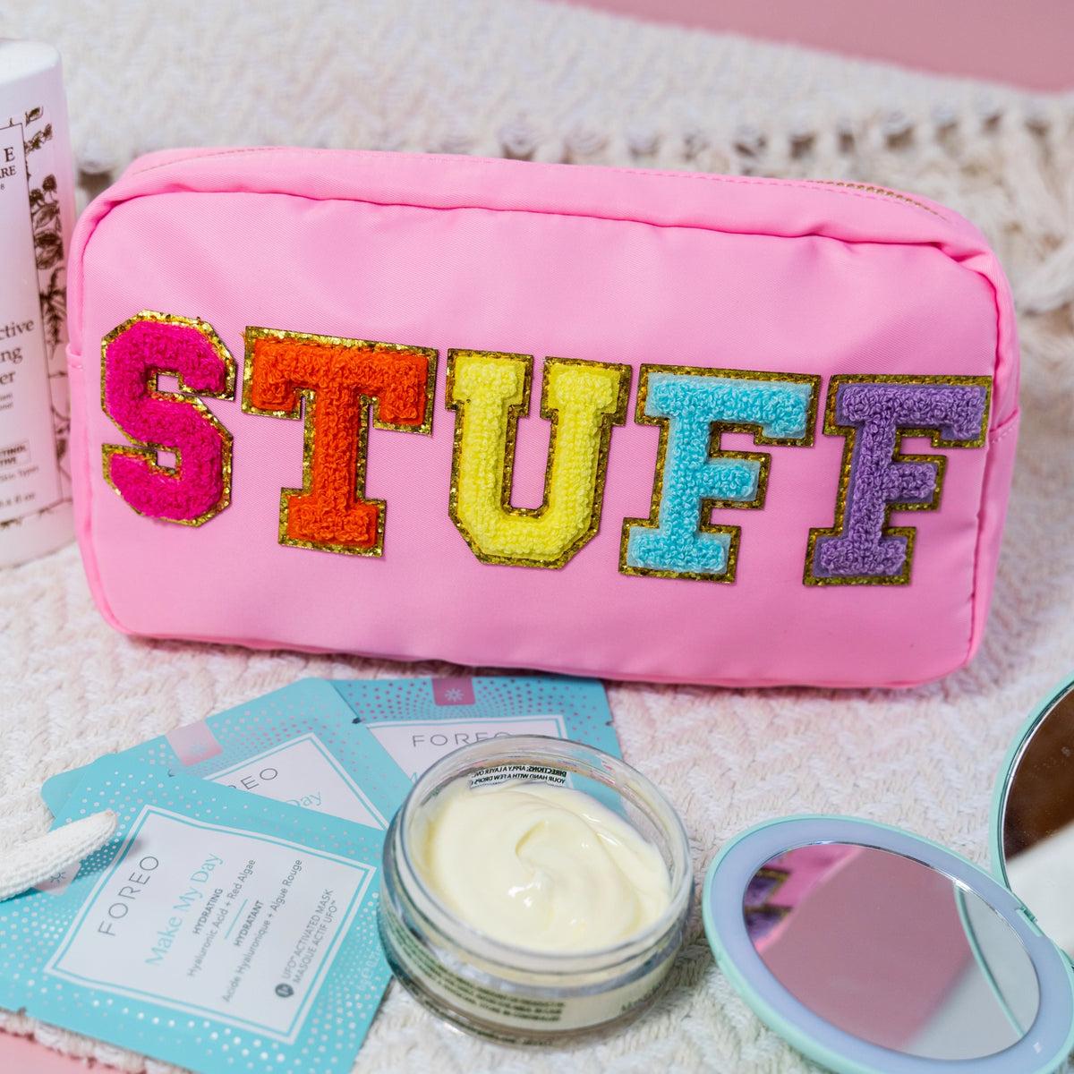 Trousse de maquillage de voyage en nylon chenille rose