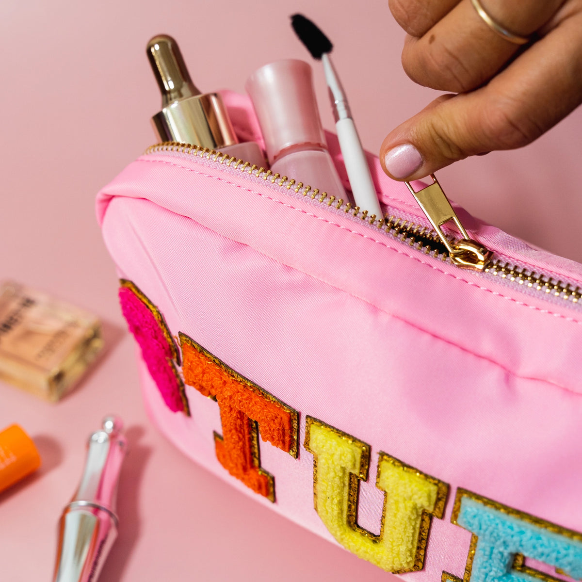 Nylon Chenille “Stuff” Travel Makeup Pouch - pink