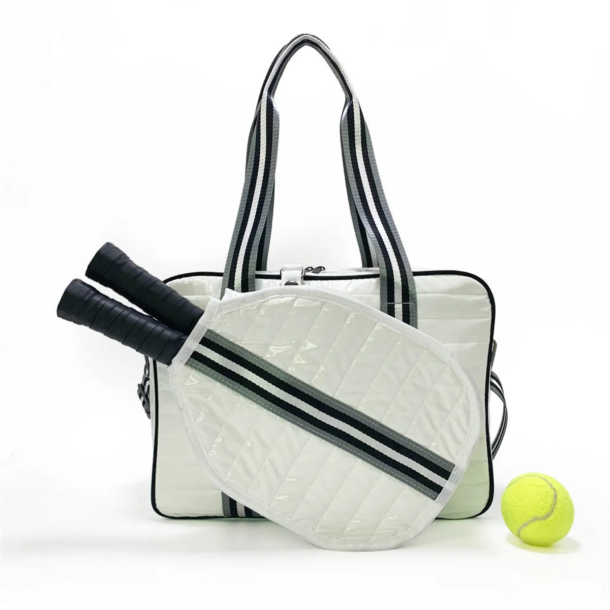 Puffer Pickleball Tote, White Patent W/Black Stripe Small