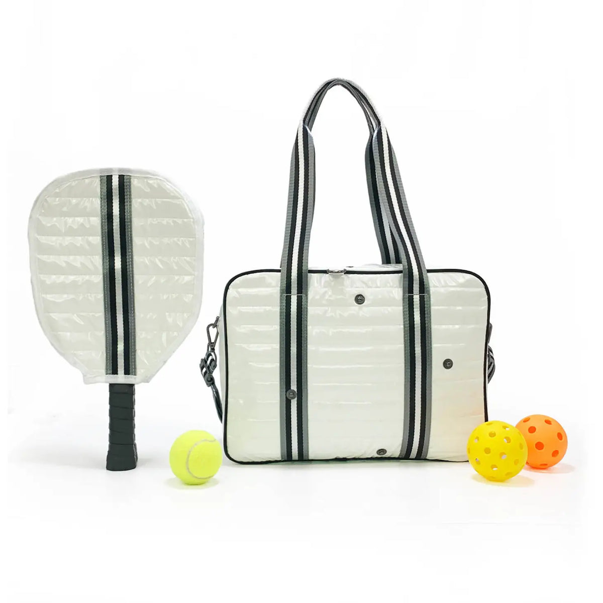 Puffer Pickleball Tote, White Patent W/Black Stripe Small