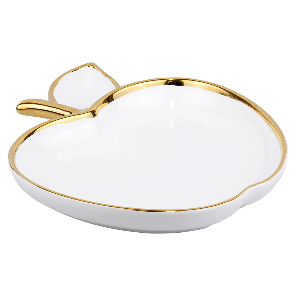 Porcelain Apple Shaped Dish with Gold Trim - white