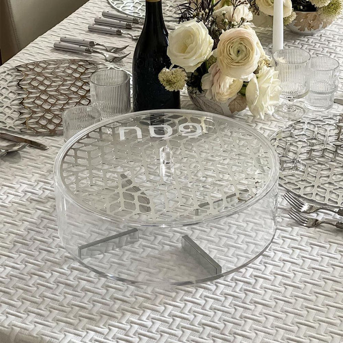 lucite lasercut round matzah box - silver