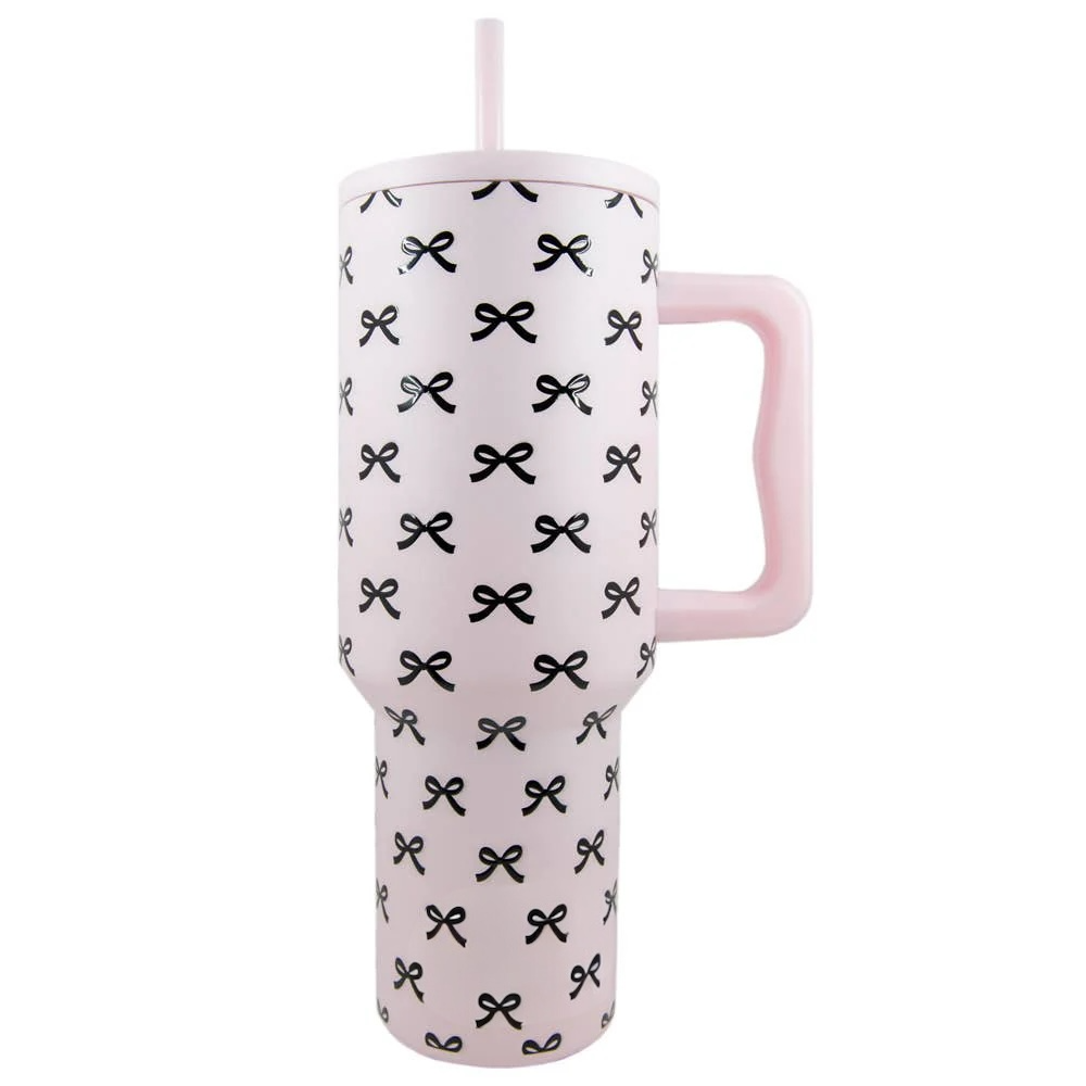 Gobelet Mini Coquette Bows noir et rose de 38 oz avec poignée