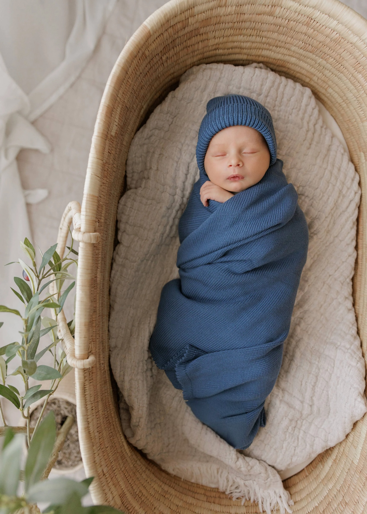 Luxe - 100% Organic Cotton Knit Blanket + Hat Set - denim blue