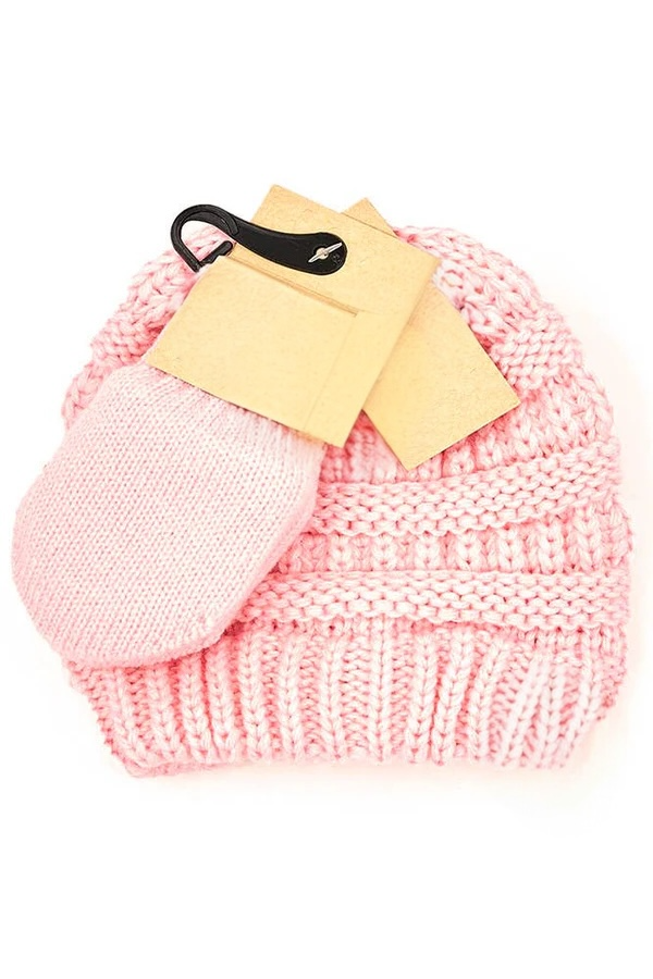 Solid Ribbed Beanie and Mitten Glove - pale pink