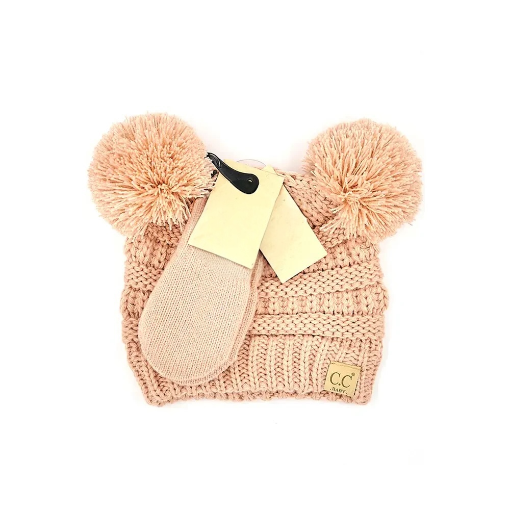 Solid Ribbed Pom Beanie and Mitten Glove Indi pink
