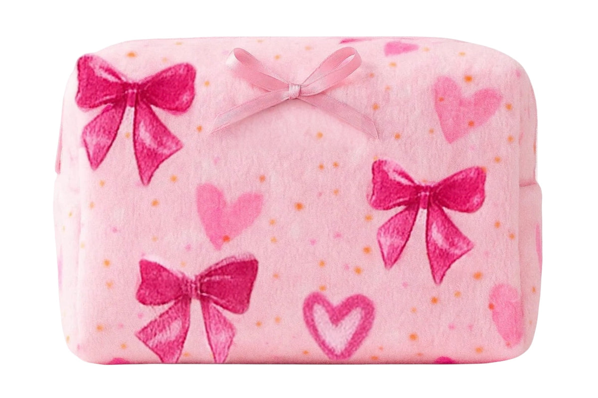 Plush Bow Print Cosmetic Pouch