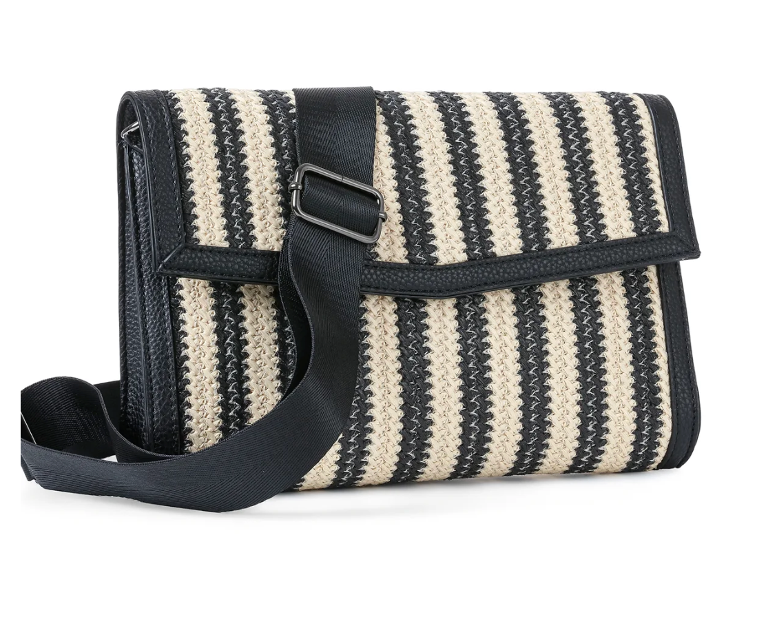 pochette en raphia à rayures noires
