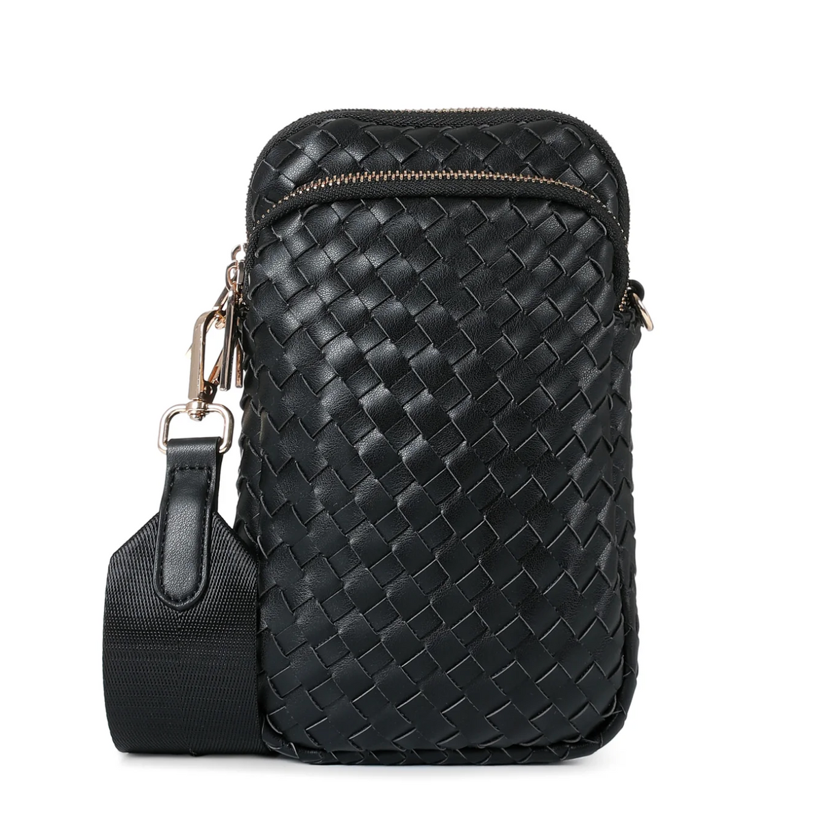 woven vegan leather Phone Crossbody - black