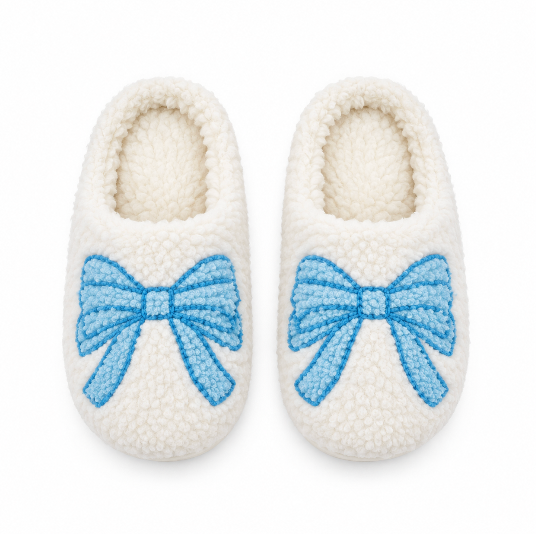 Fuzzy Plush Slippers with Blue Bow