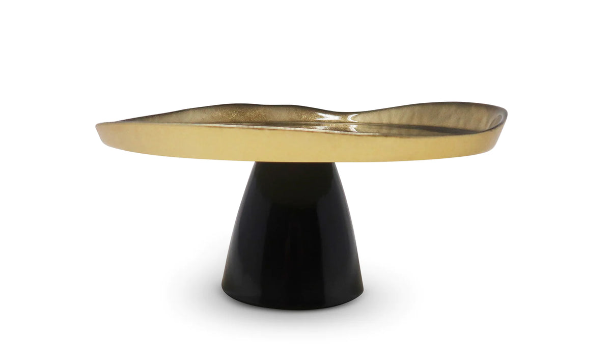 Assiette à gâteau sur pied en verre abstrait noir et or