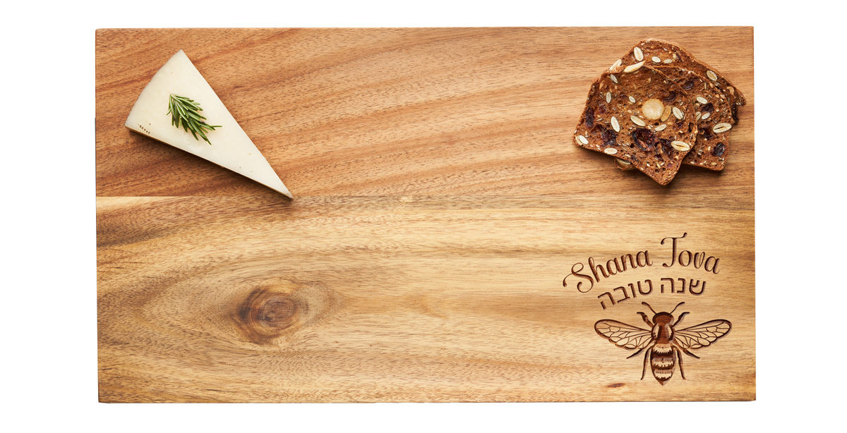 14x8" Acacia Rectangle Board | Shana Tova with Honeybee